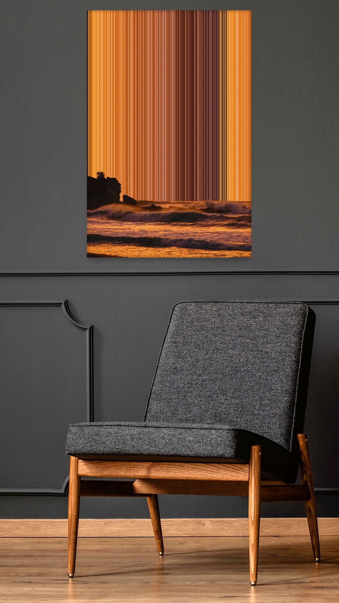 Stunning Sunset Over Ocean Waves at Beach - Lifestyle staging in modern interior - Gradienta