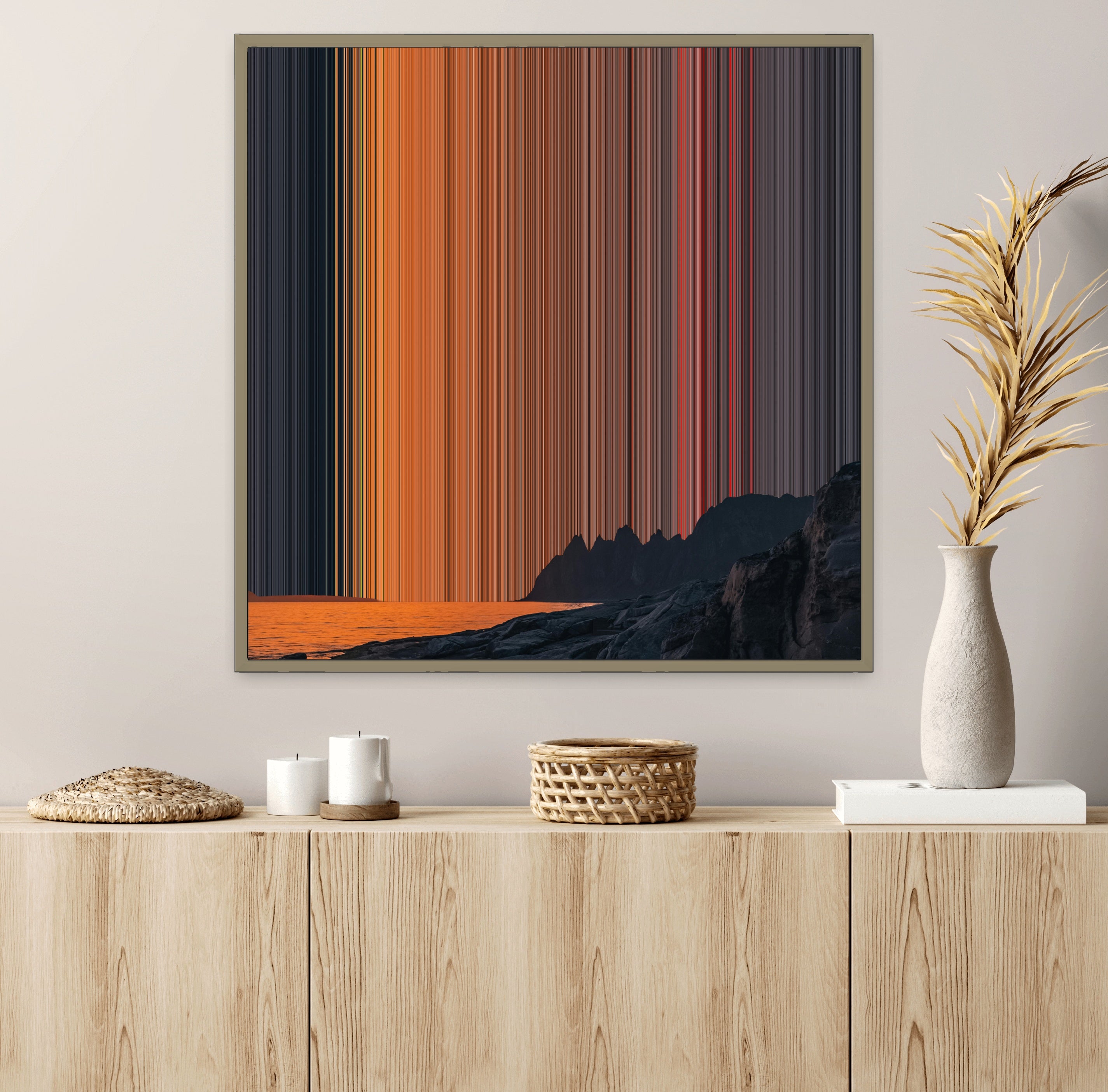 Sunset over calm sea and mountains - Lifestyle staging in modern interior - Gradienta