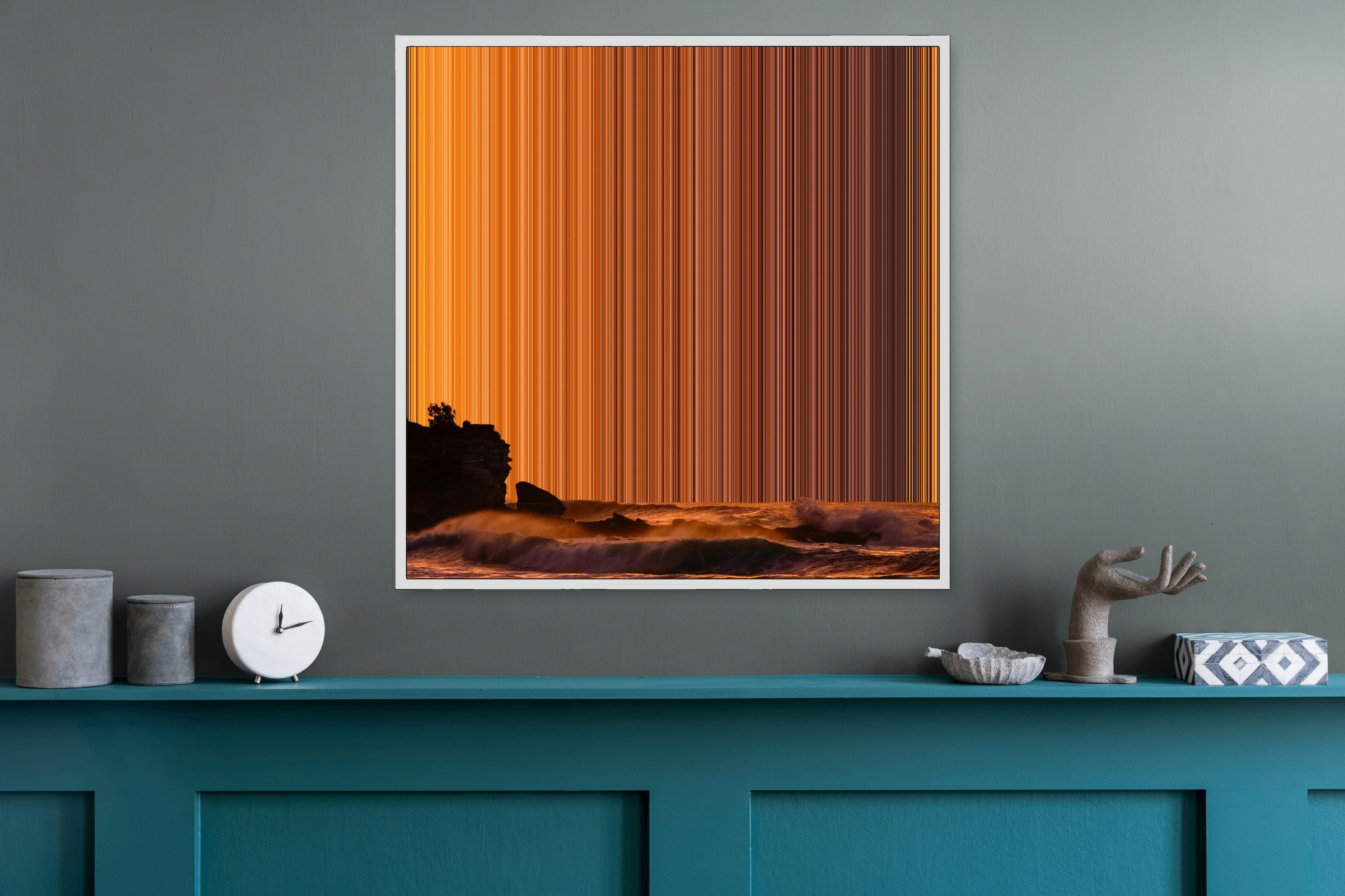 Stunning Sunset Over Ocean Waves at Beach - Lifestyle staging in modern interior - Gradienta