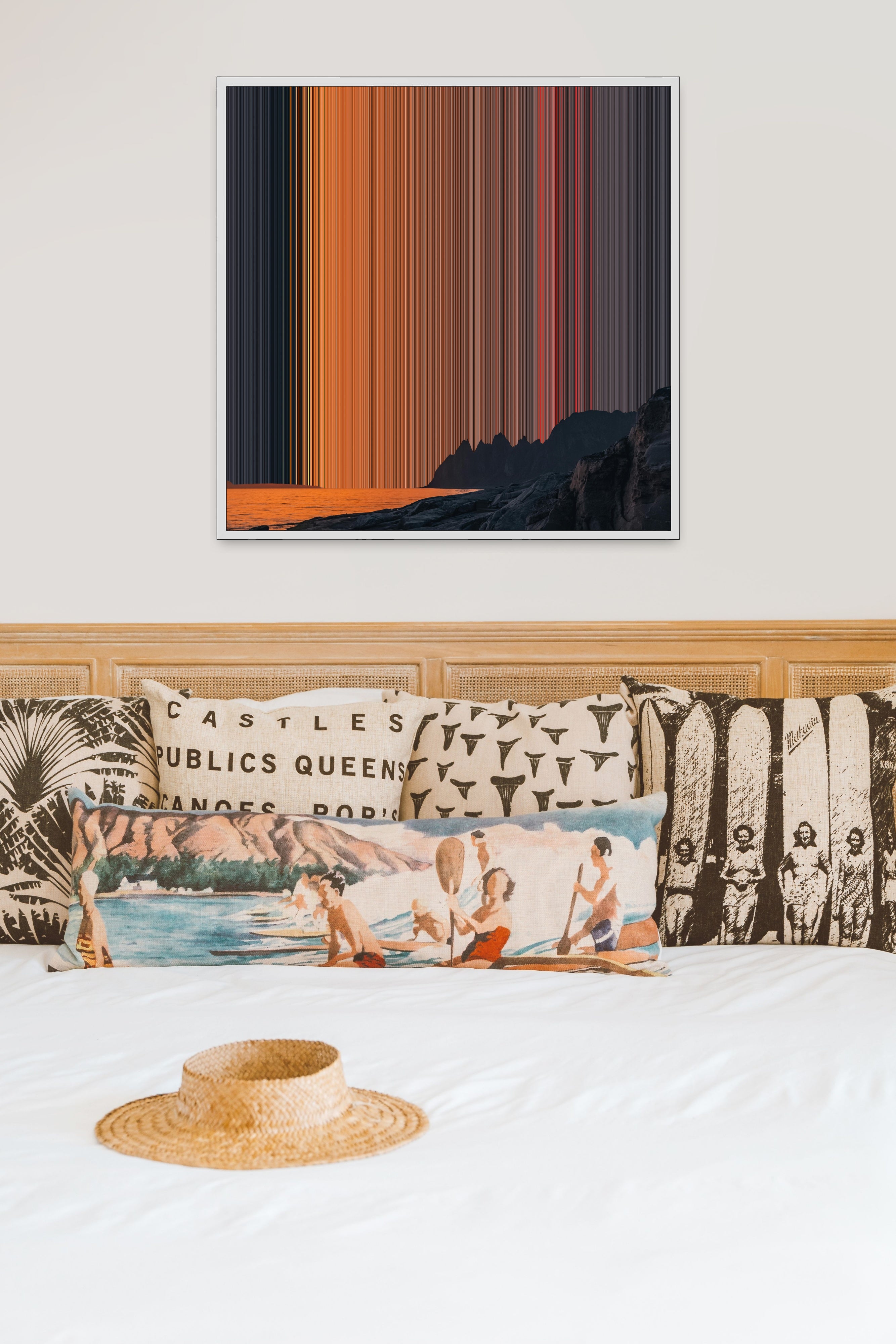 Sunset over calm sea and mountains - Lifestyle staging in modern interior - Gradienta