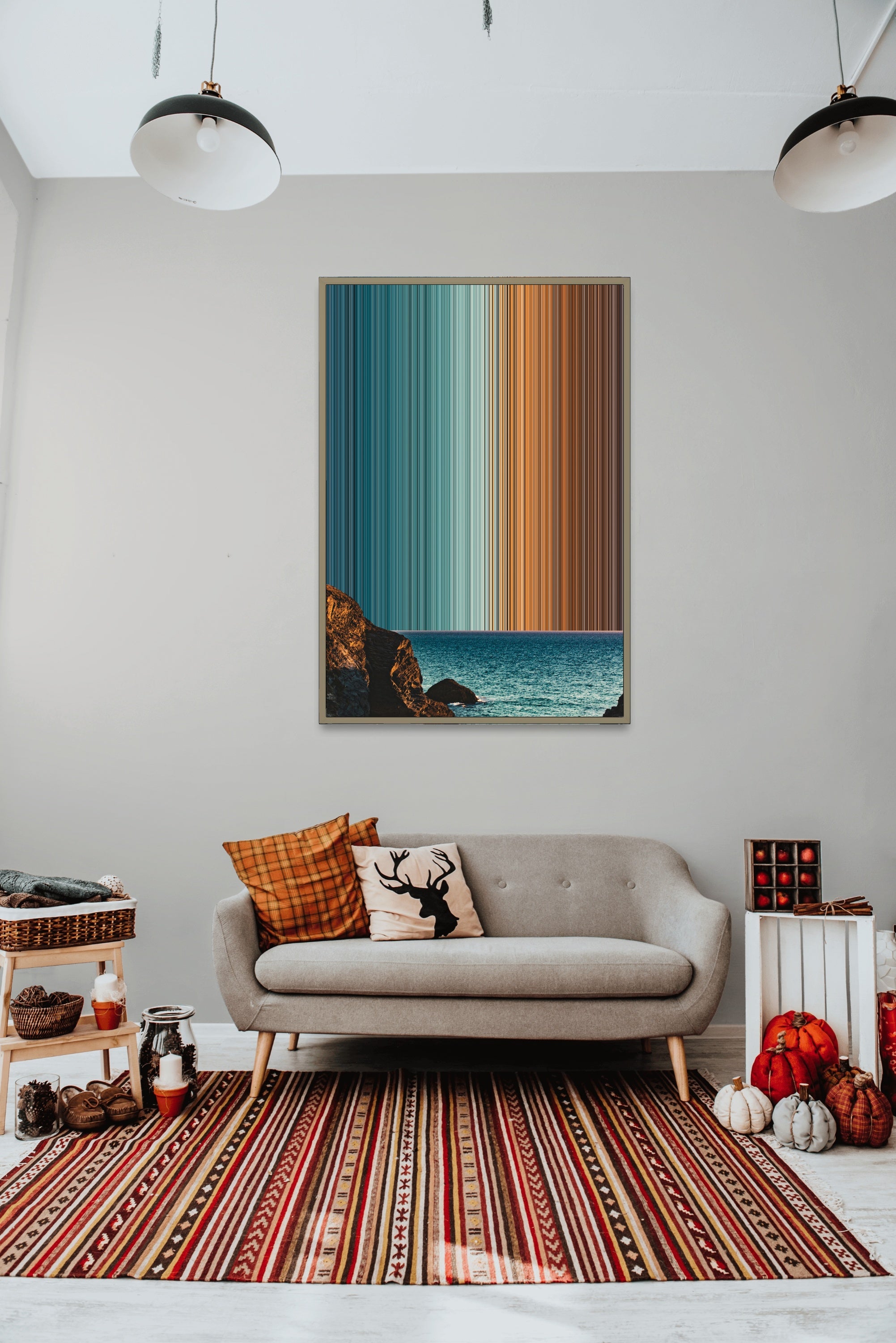 Clear Blue Sky over a Rocky Coast - Lifestyle staging in modern interior - Gradienta