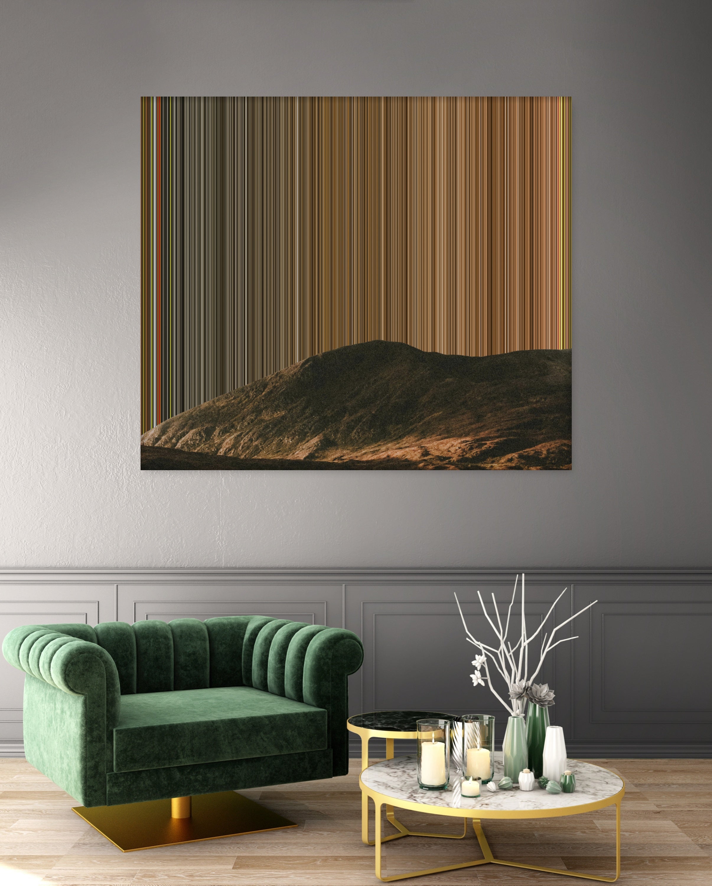 Ocean between ridges under white sky in fall - Lifestyle staging in modern interior - Gradienta