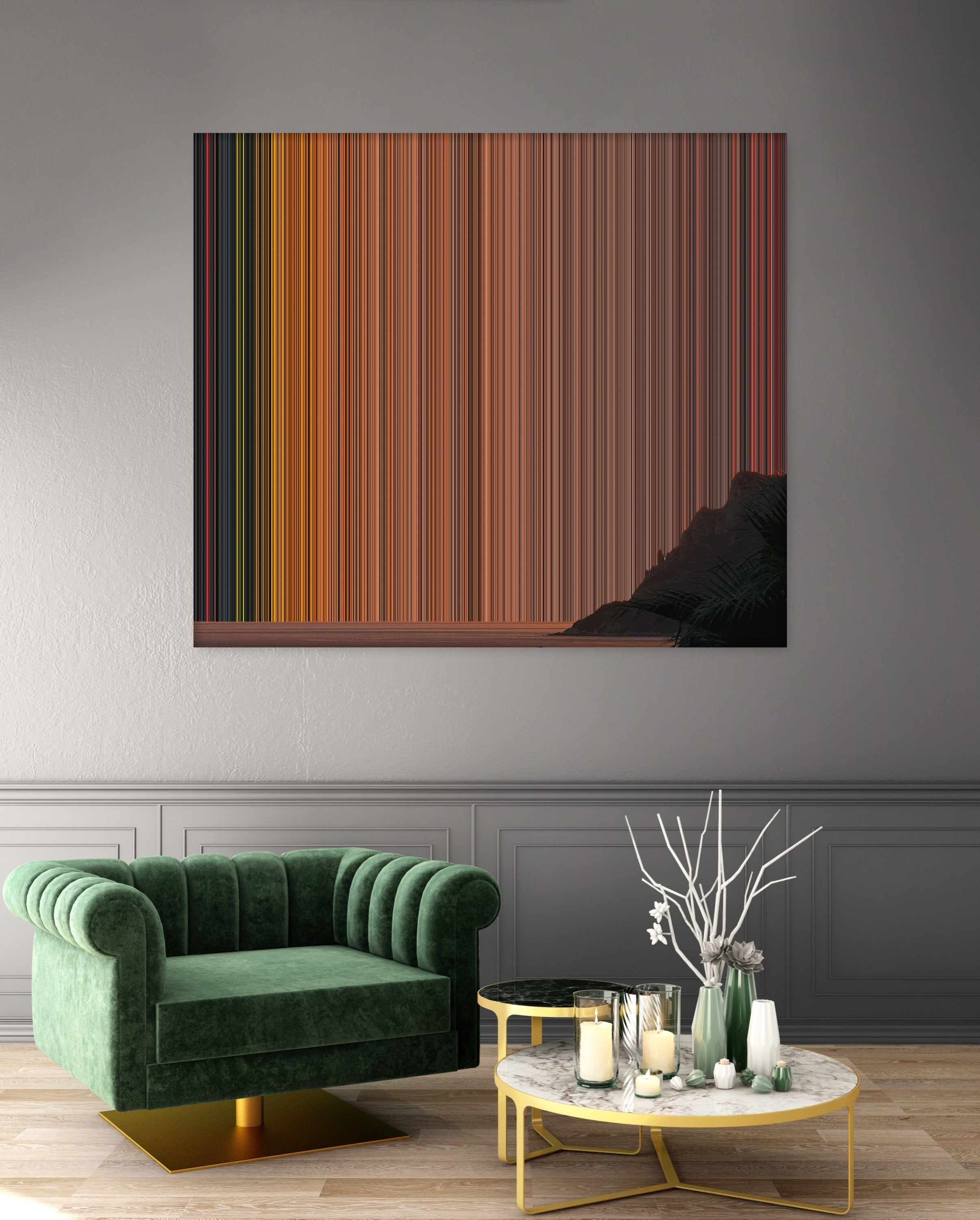 Rocky Coastline at Dawn - Lifestyle staging in modern interior - Gradienta