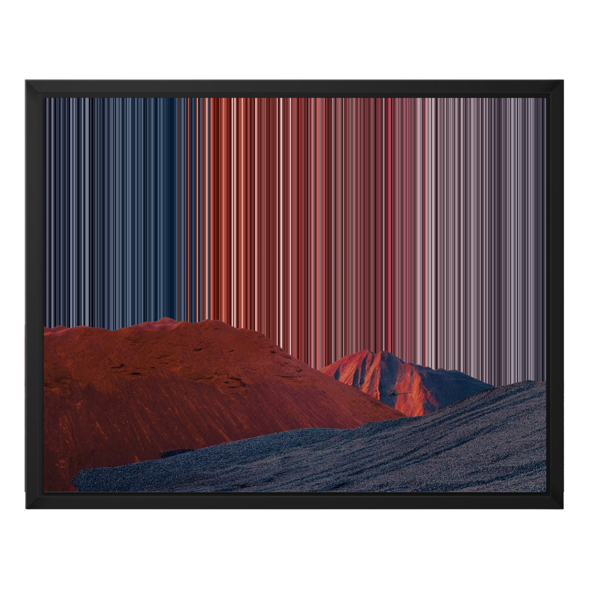 Collines érodées au lever du soleil – Aperçu en toile encadrée, cadre noir – Gradienta