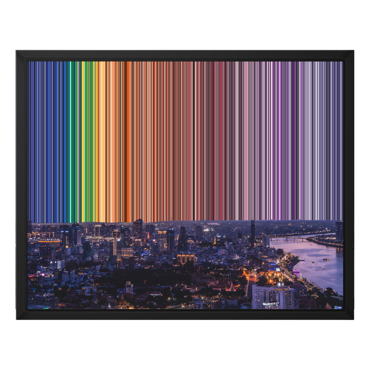City Skyline and River at Twilight - Black framed canvas mockup - Gradienta