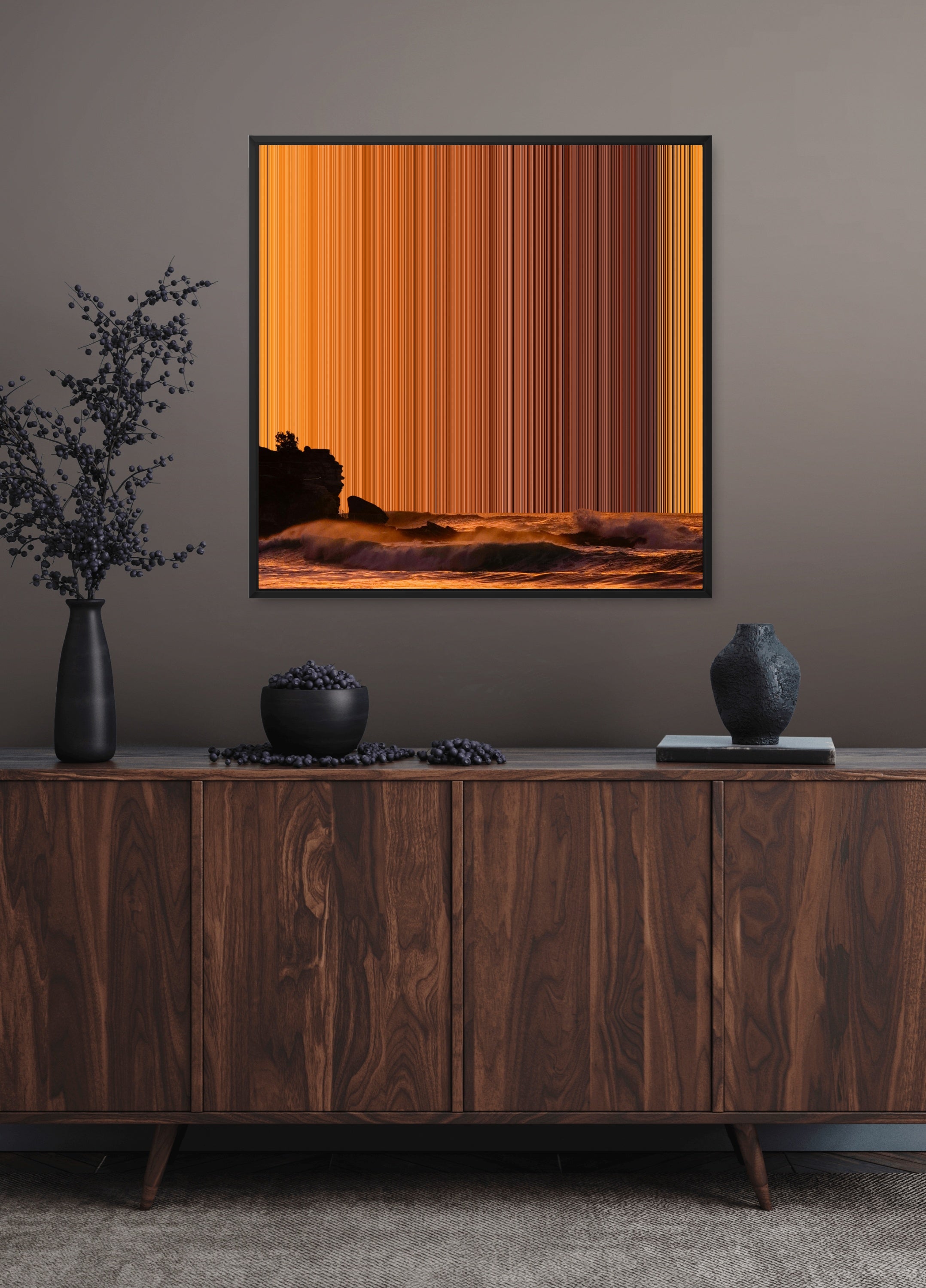 Stunning Sunset Over Ocean Waves at Beach - Lifestyle staging in modern interior - Gradienta