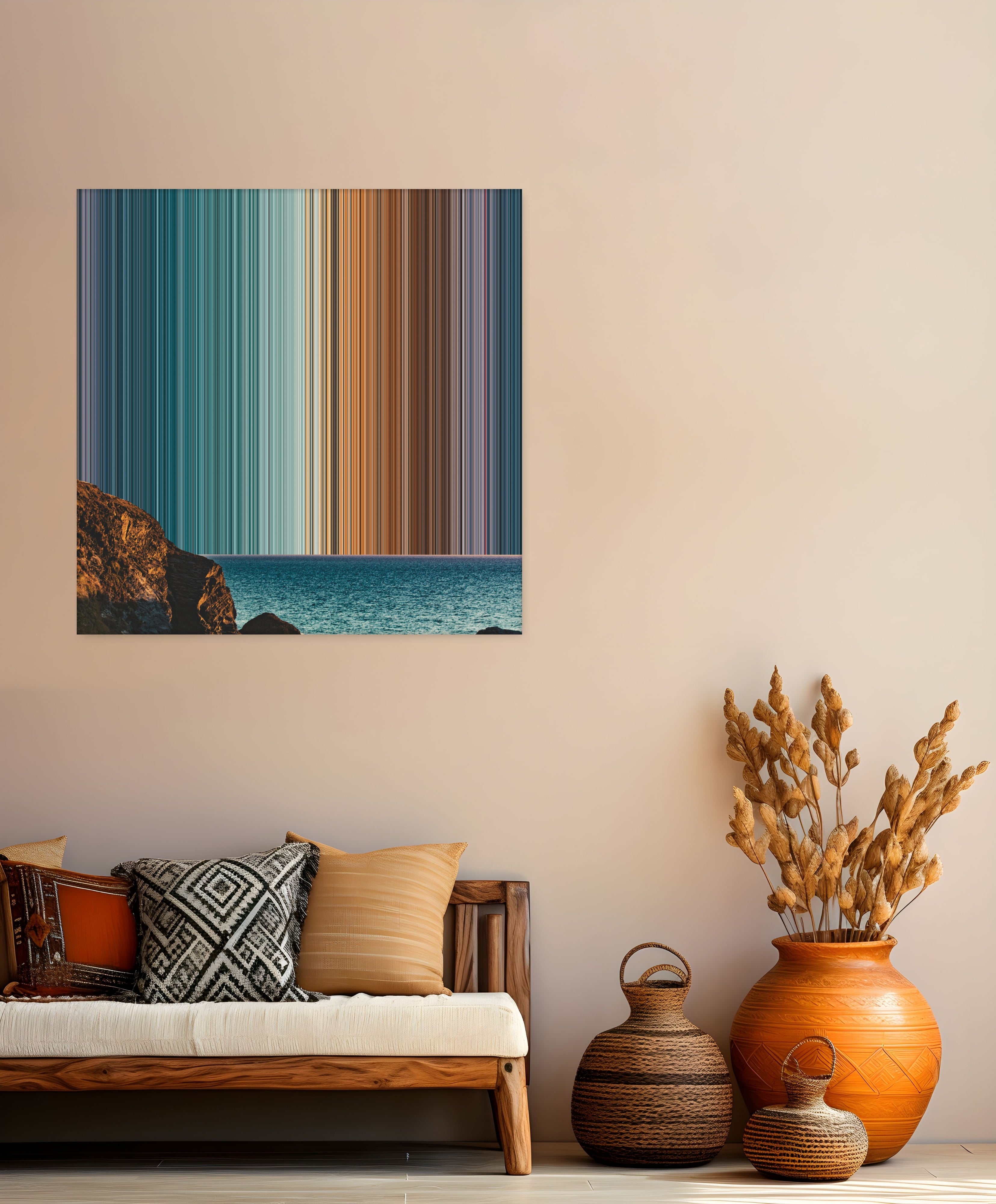 Clear Blue Sky over a Rocky Coast - Lifestyle staging in modern interior - Gradienta