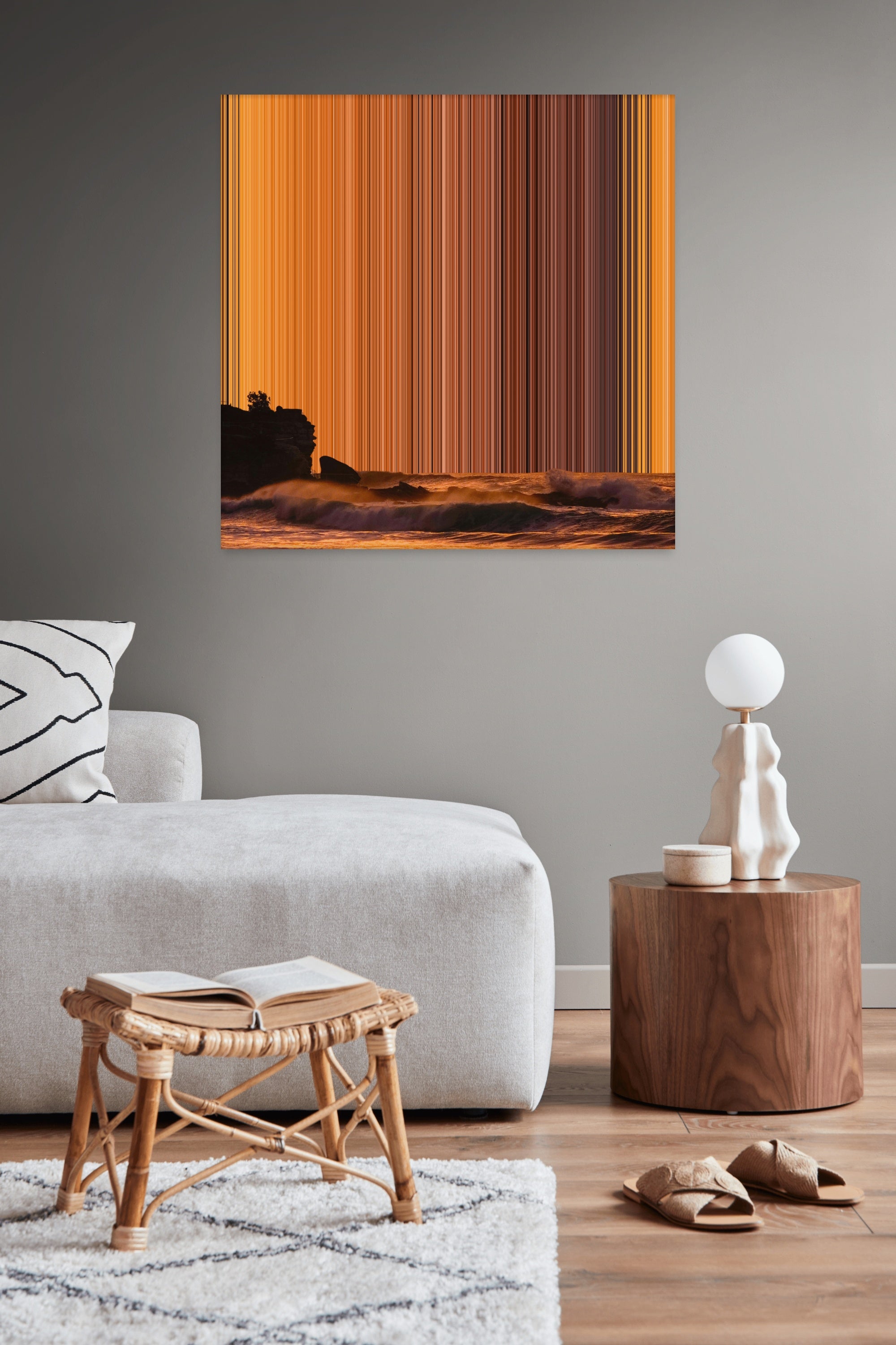 Stunning Sunset Over Ocean Waves at Beach - Lifestyle staging in modern interior - Gradienta