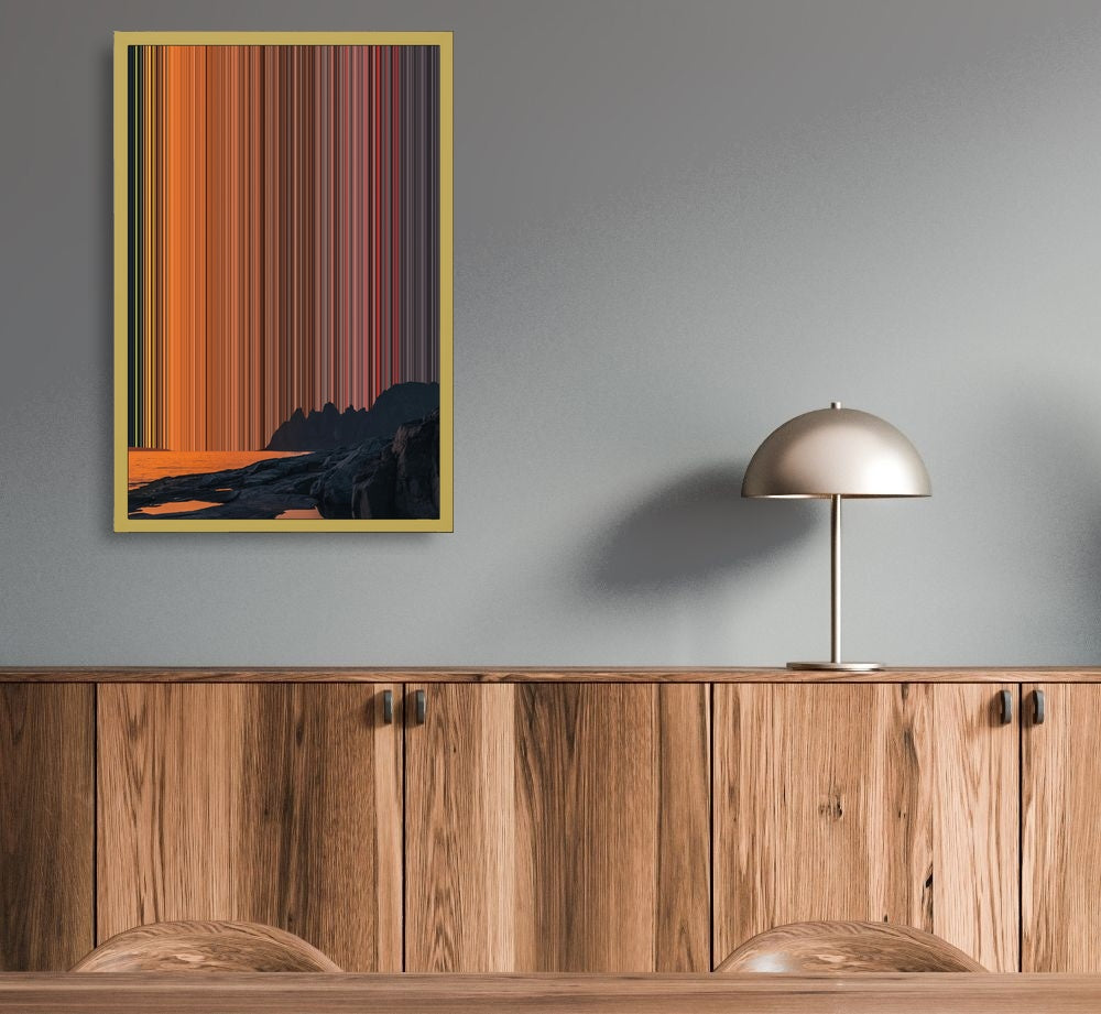 Sunset over calm sea and mountains - Lifestyle staging in modern interior - Gradienta