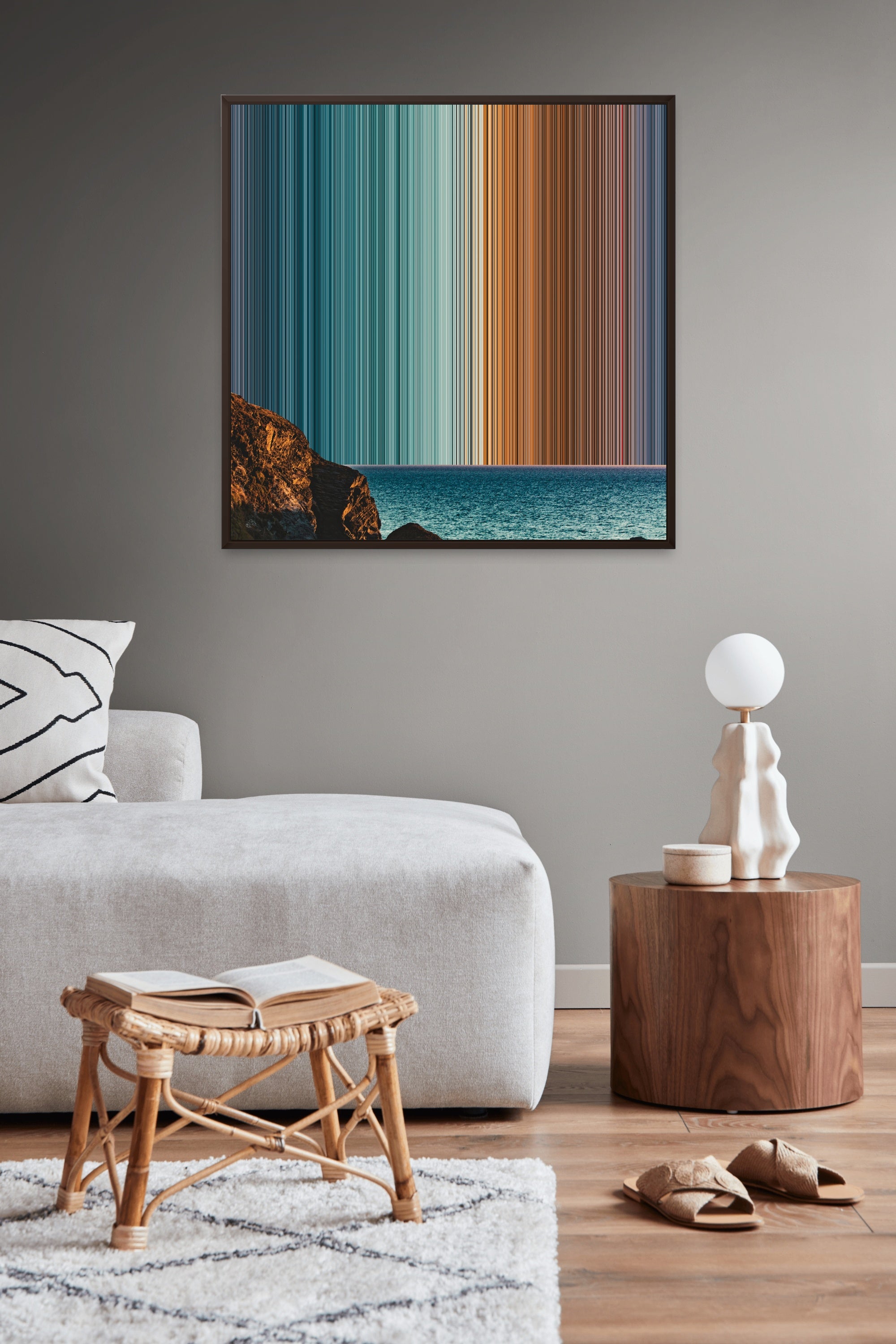 Clear Blue Sky over a Rocky Coast - Lifestyle staging in modern interior - Gradienta