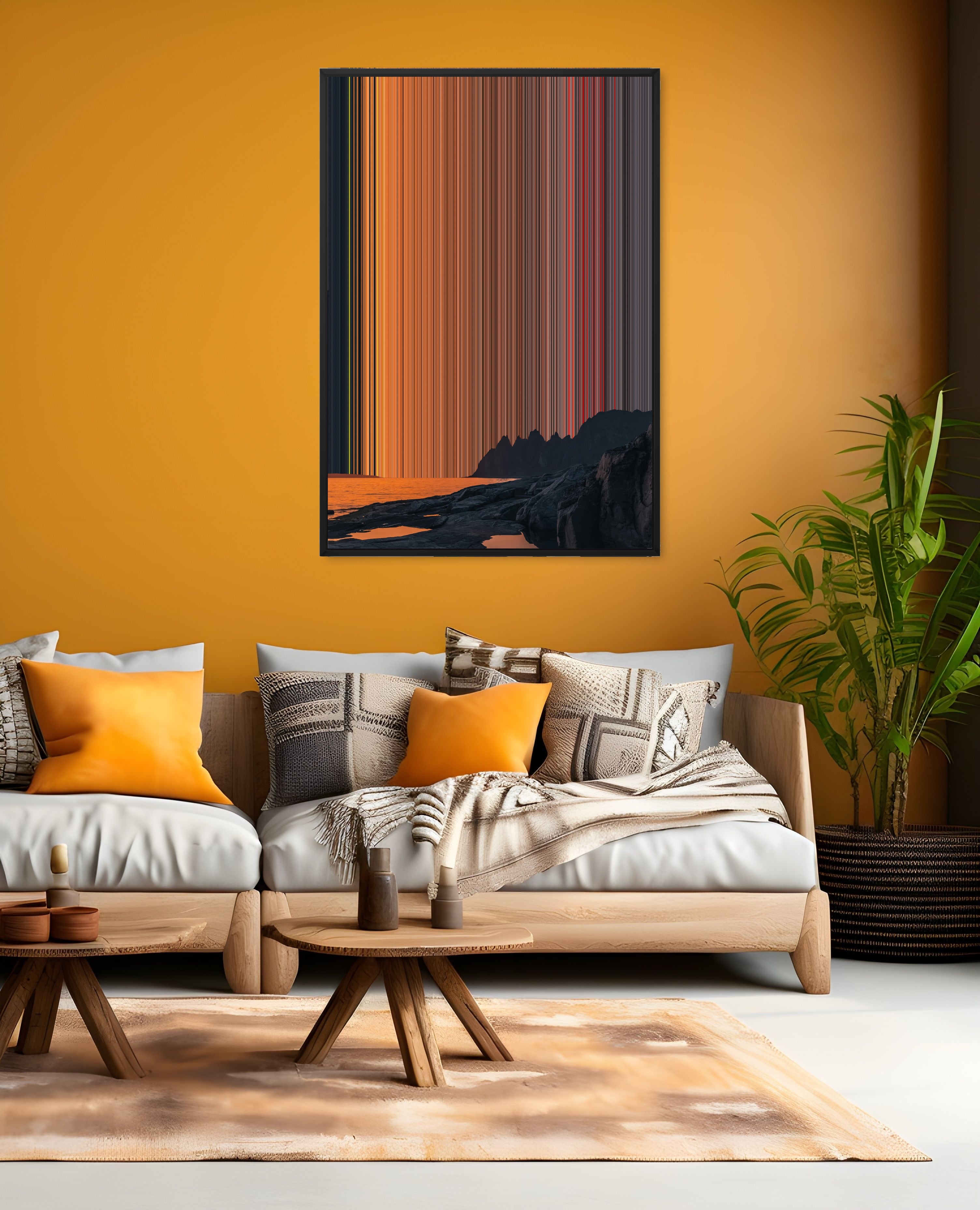 Sunset over calm sea and mountains - Lifestyle staging in modern interior - Gradienta