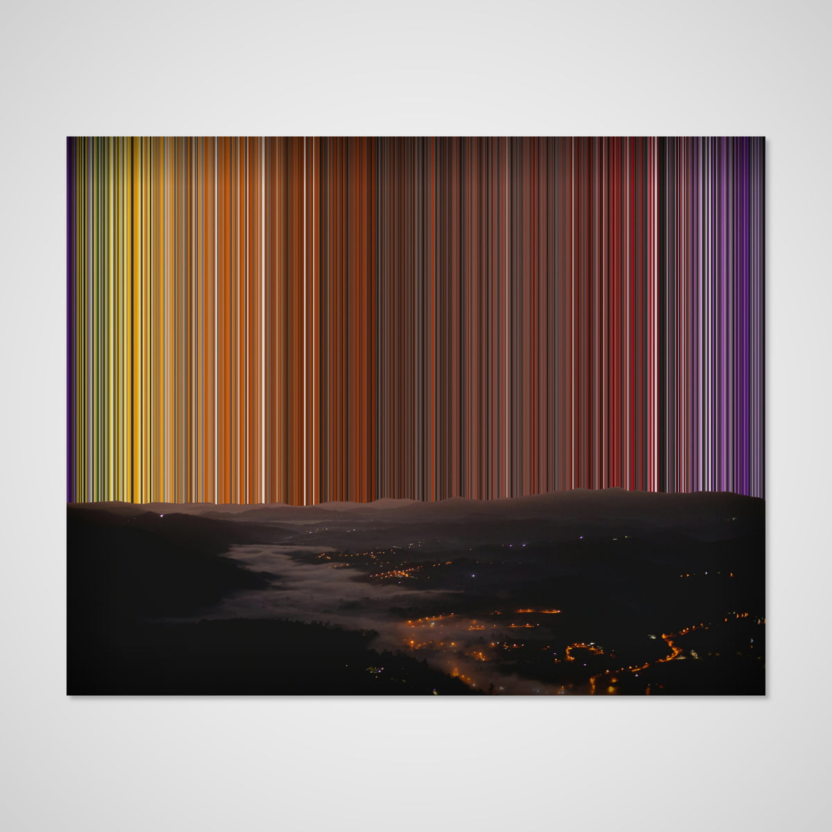Vue aérienne de la ville au coucher du soleil – Vue à plat de la toile montrant les détails de l'œuvre