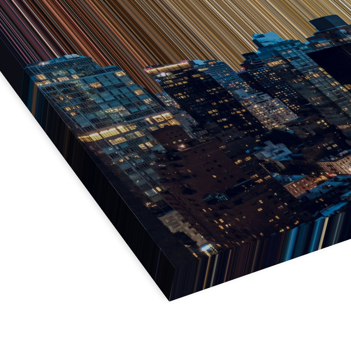 Rascacielos iluminados de noche: vista en perspectiva 3D que muestra el grosor y la textura del lienzo