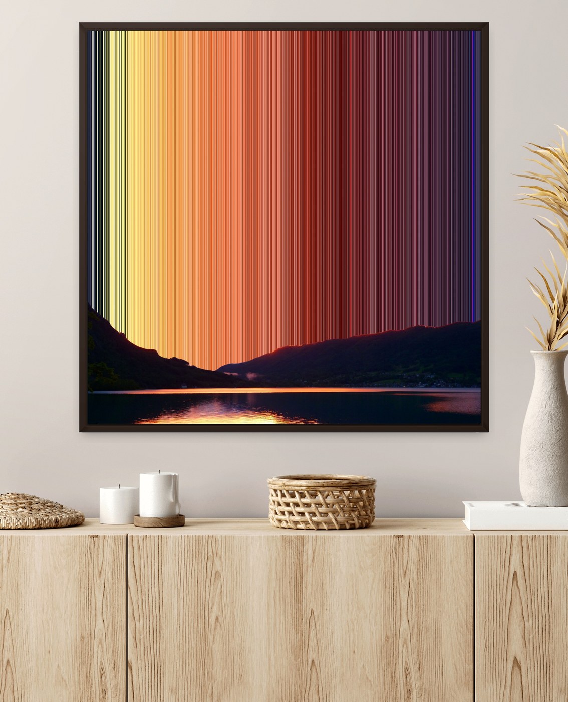 Chromatic Dawn as a framed canvas, brown in a room