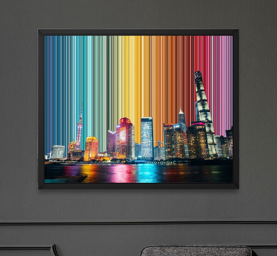 Shanghai as a framed canvas, black in a room